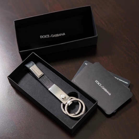 Dolce & Gabbana Calfskin Black and Silver Key Chain with Logo Tag